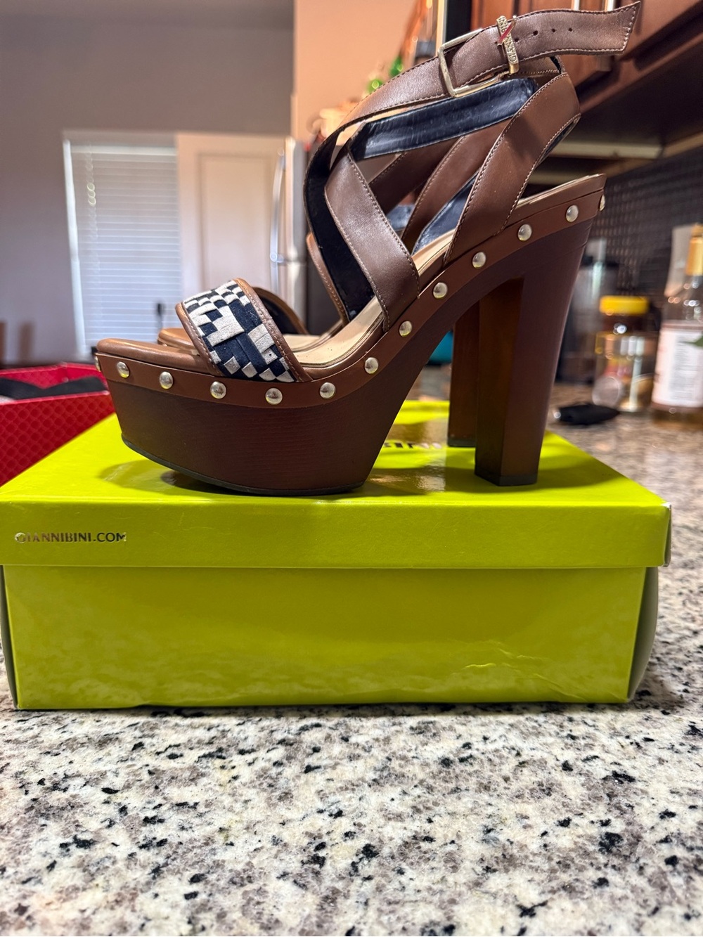 Gianni Bini Brown Studded Platform Sandal with Patterned Toe